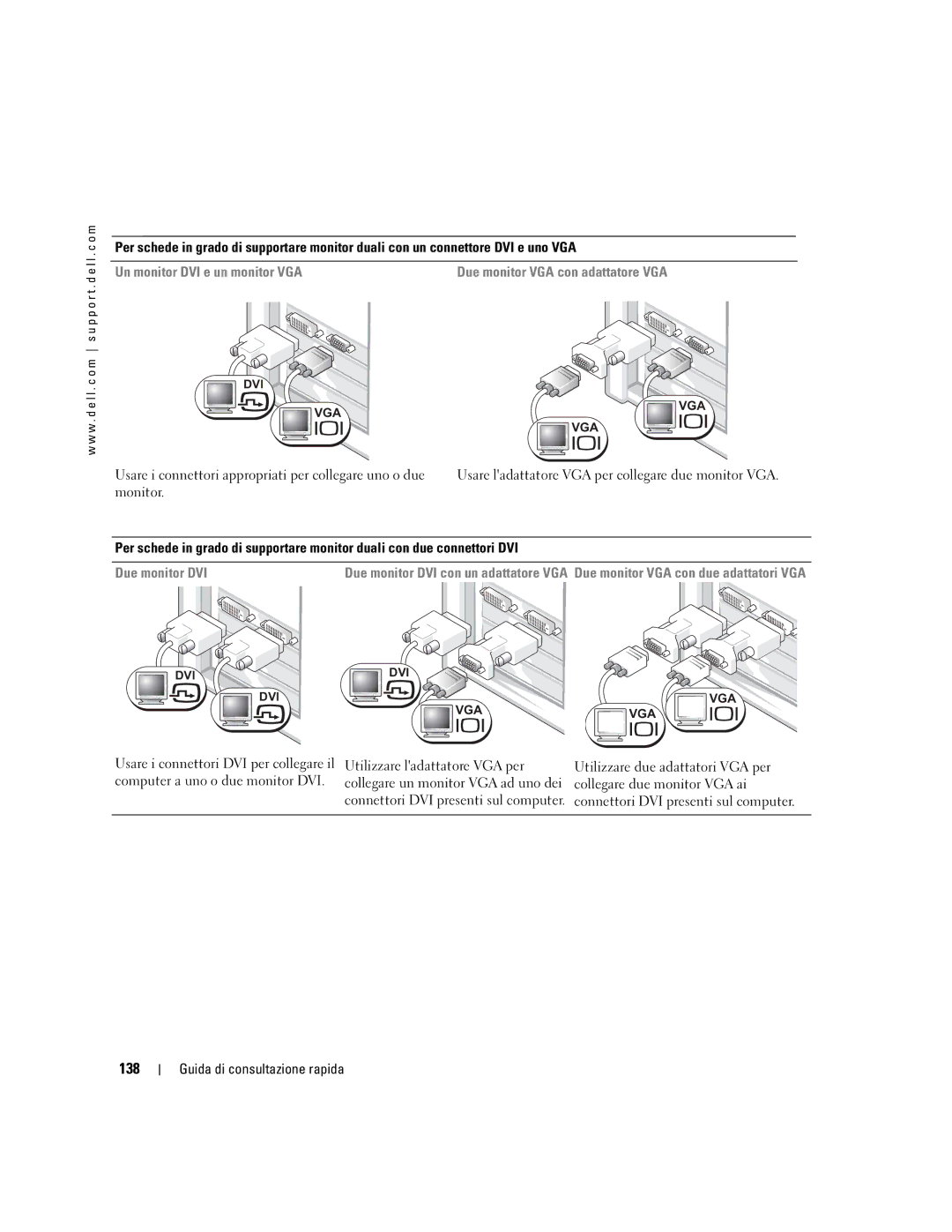 Dell Workstation 470 and Workstation 670 manual 138, Un monitor DVI e un monitor VGA, Due monitor DVI 