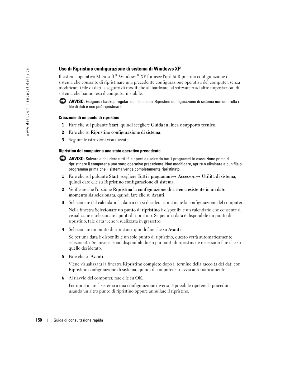 Dell Workstation 470 and Workstation 670 manual Uso di Ripristino configurazione di sistema di Windows XP, 150 
