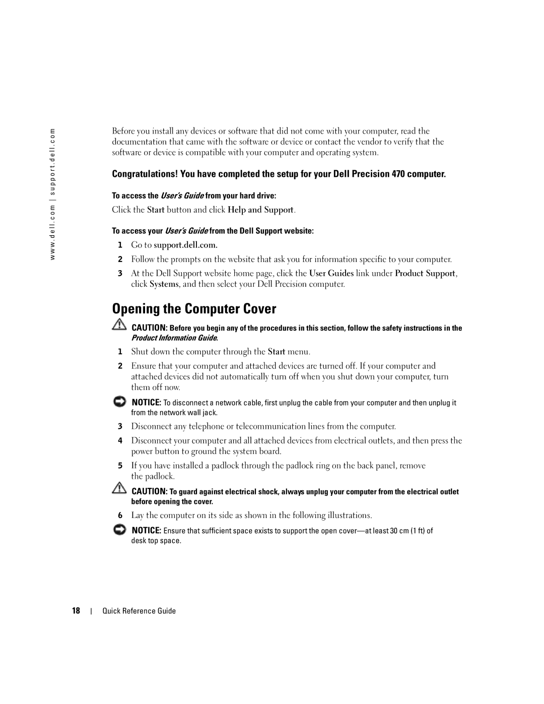 Dell Workstation 470 and Workstation 670 manual Opening the Computer Cover, Product Information Guide 