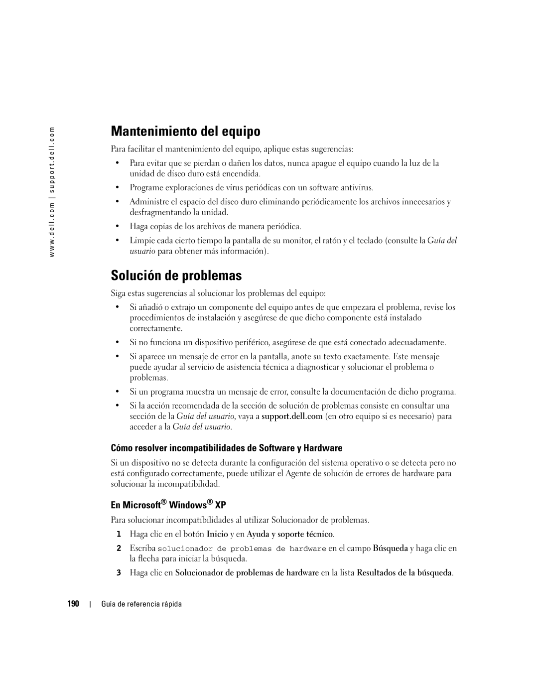 Dell Workstation 470 and Workstation 670 manual Mantenimiento del equipo, Solución de problemas, En Microsoft Windows XP 