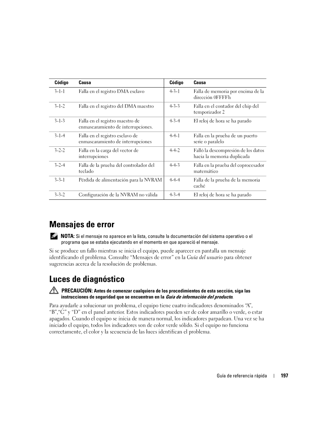 Dell Workstation 470 and Workstation 670 manual Mensajes de error, Luces de diagnóstico, 197 