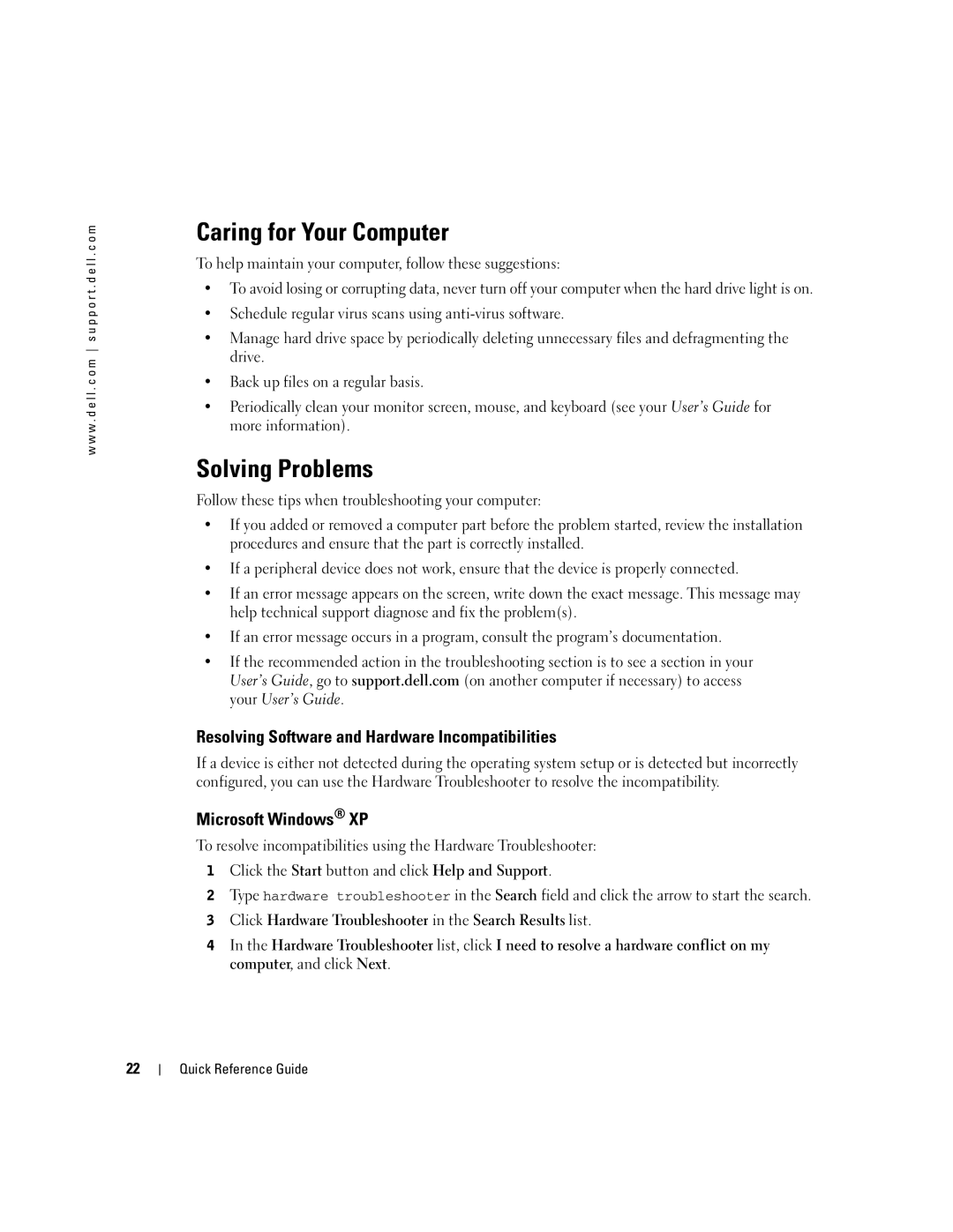 Dell Workstation 470 and Workstation 670 manual Caring for Your Computer, Solving Problems, Microsoft Windows XP 