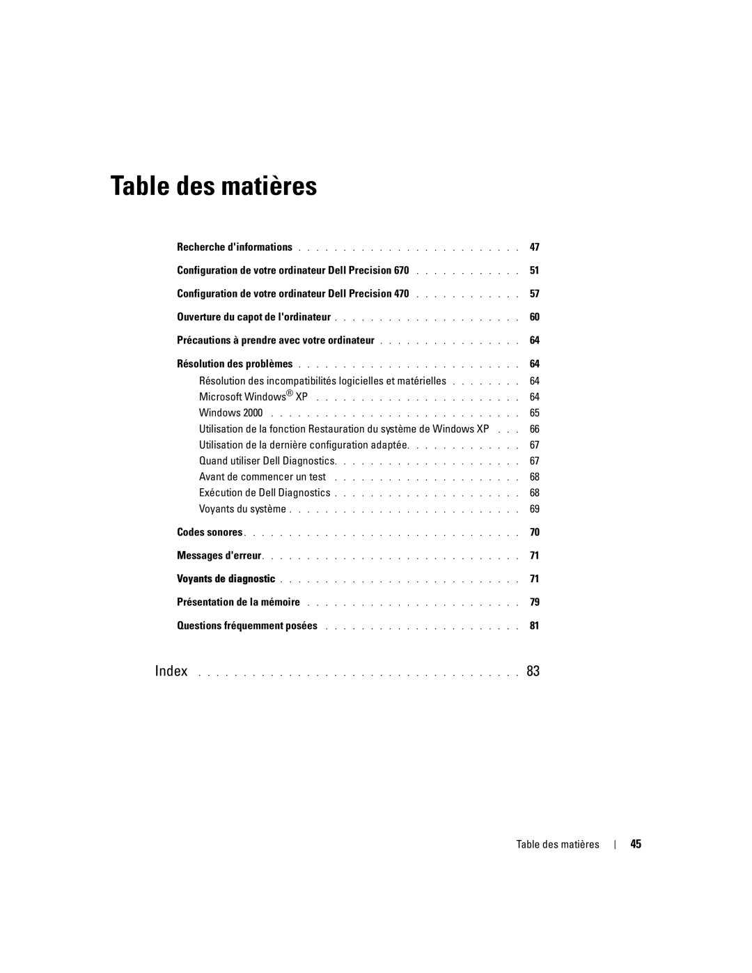 Dell Workstation 470 and Workstation 670 manual Configuration de votre ordinateur Dell Precision, Table des matières 