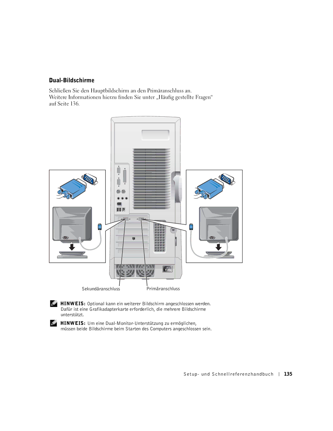 Dell Workstation 530 manual Dual-Bildschirme, Setup- und Schnellreferenzhandbuch 135 