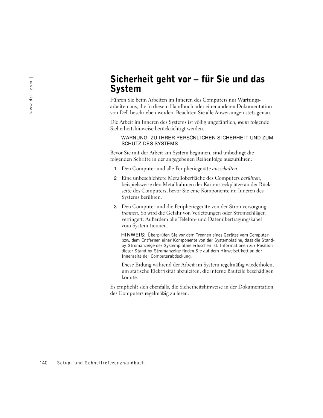 Dell Workstation 530 manual Sicherheit geht vor für Sie und das System, Setup- und Schnellreferenzhandbuch 