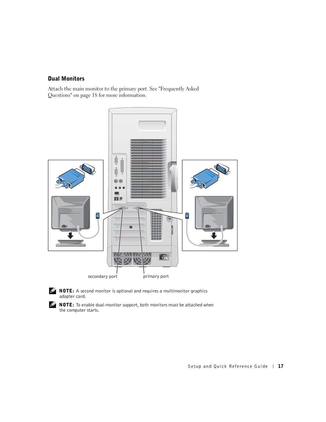 Dell Workstation 530 manual Dual Monitors, Secondary port 