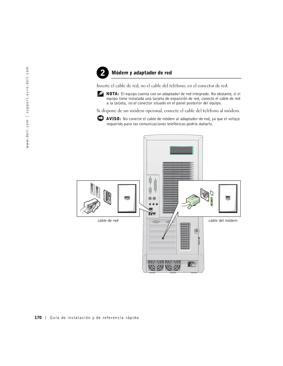 Dell Workstation 530 manual Módem y adaptador de red, 170 Guía de instalación y de referencia rápida 