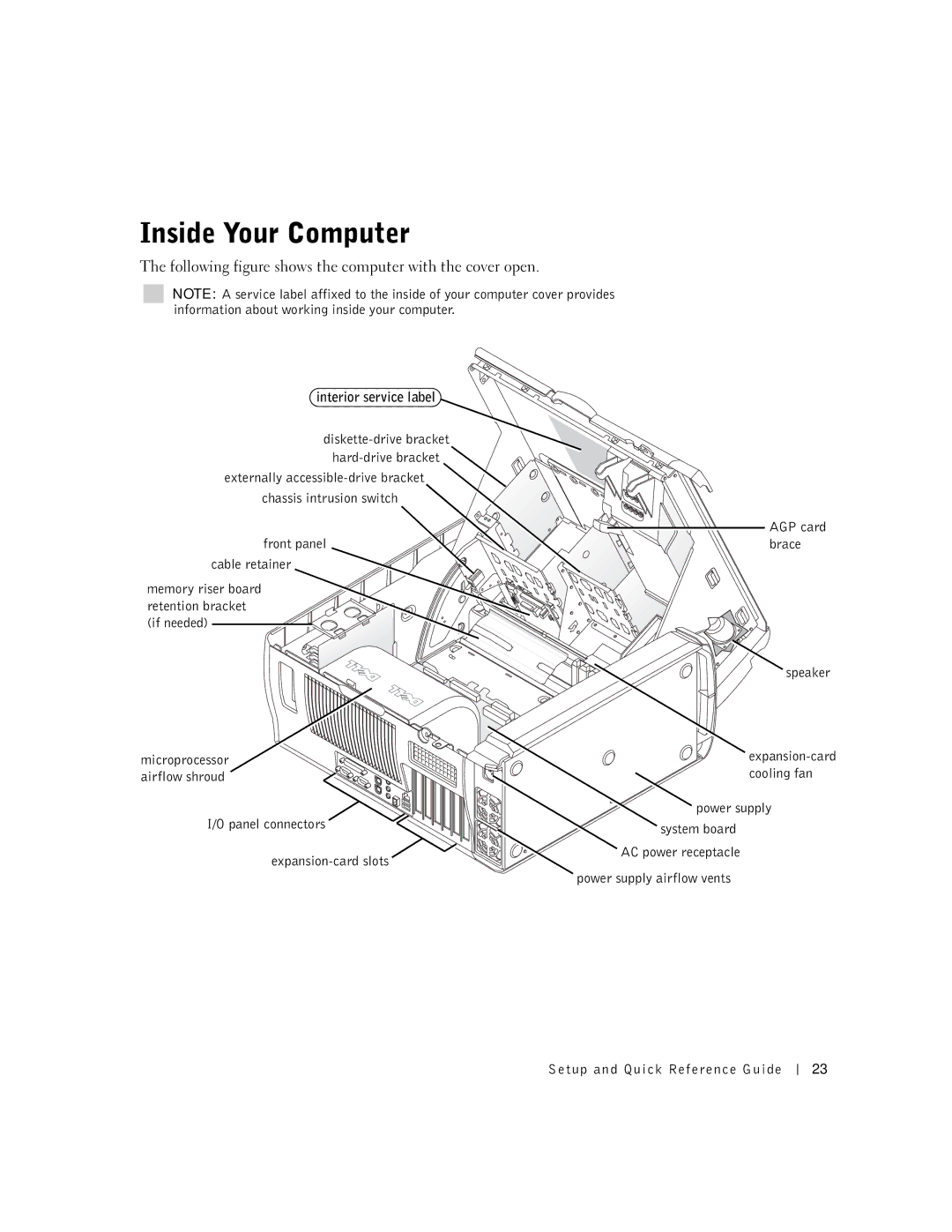 Dell Workstation 530 Inside Your Computer, Following figure shows the computer with the cover open, Interior service label 