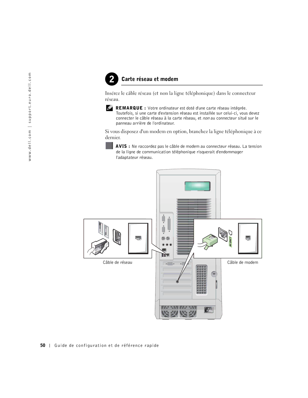 Dell Workstation 530 manual Carte réseau et modem 