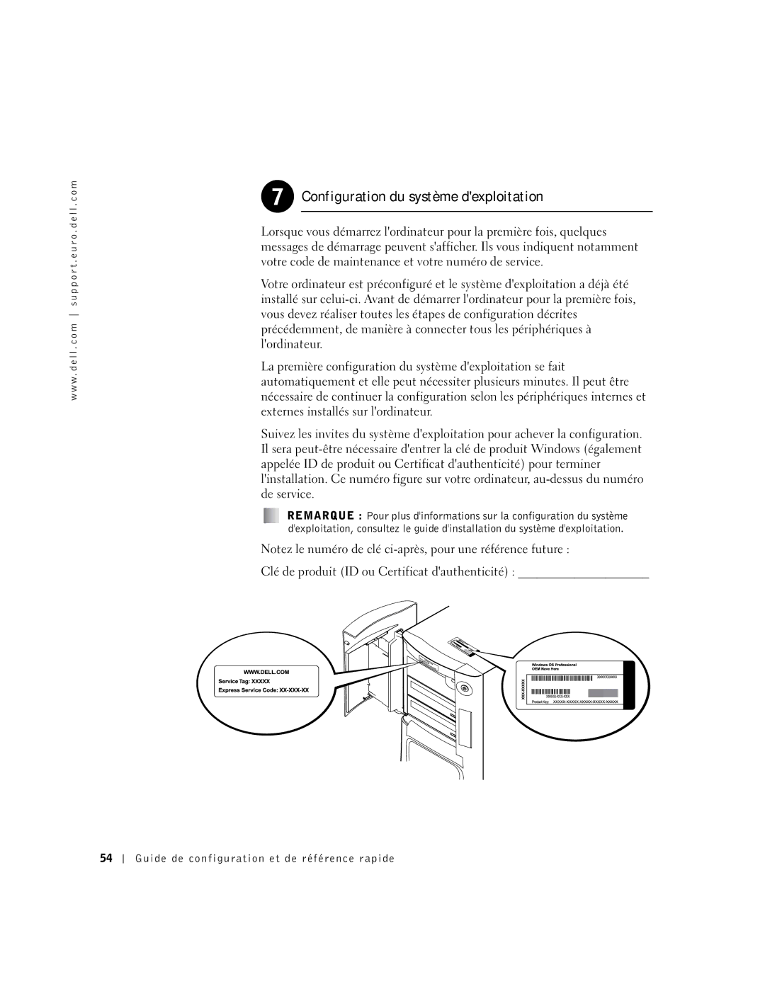 Dell Workstation 530 manual Configuration du système dexploitation, Clé de produit ID ou Certificat dauthenticité 