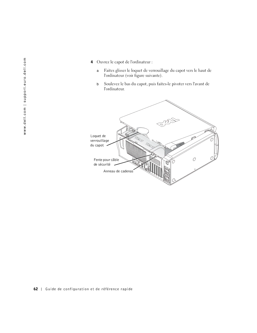 Dell Workstation 530 manual Loquet de verrouillage du capot 