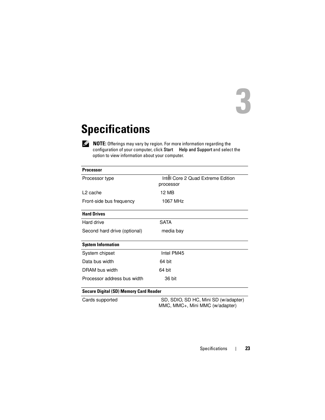 Dell X001C specifications Specifications 