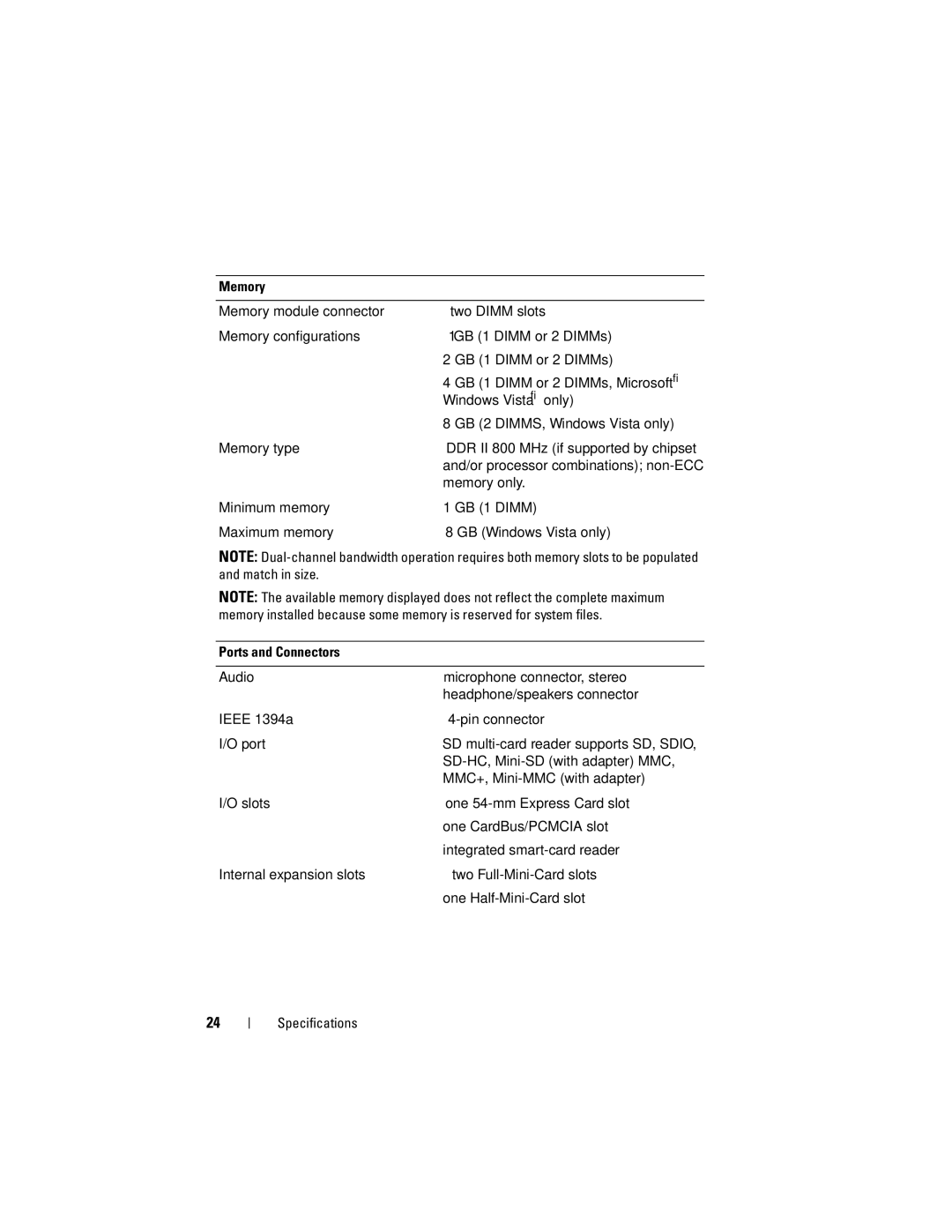 Dell X001C specifications Memory, Ports and Connectors 