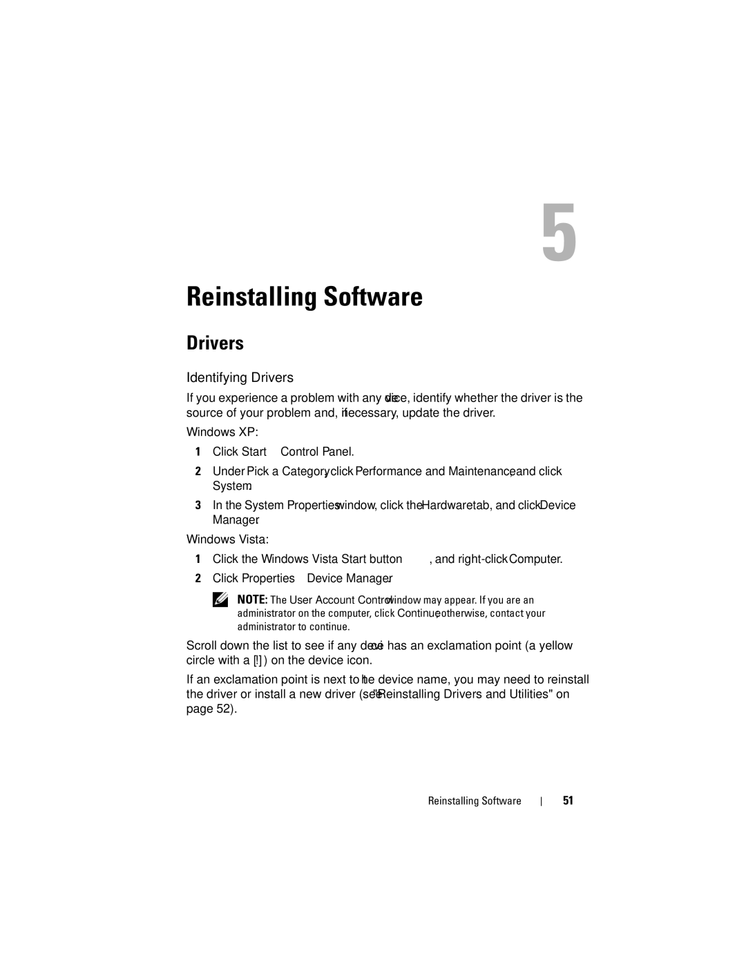 Dell X001C specifications Reinstalling Software, Identifying Drivers 