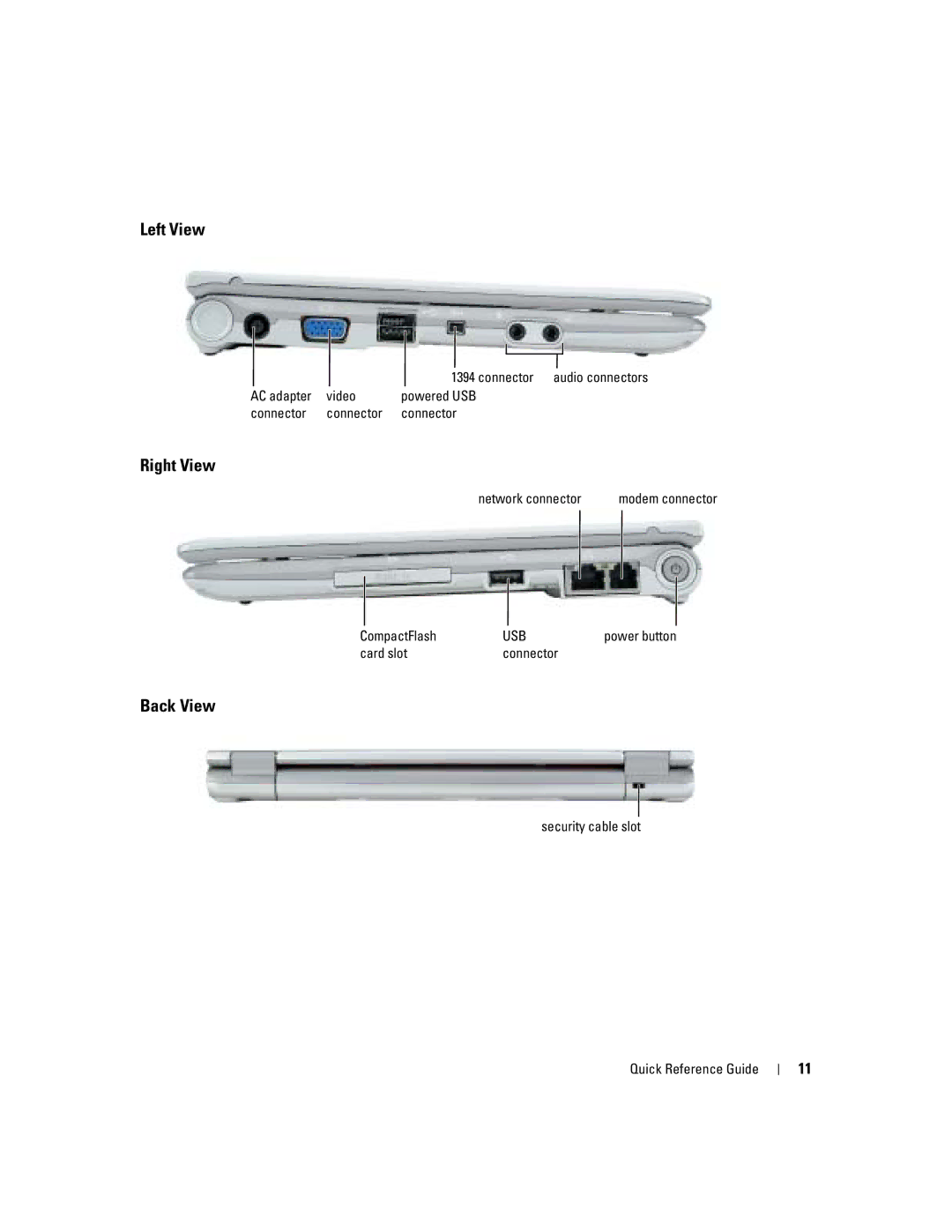 Dell X1 manual Left View, Right View, Back View 