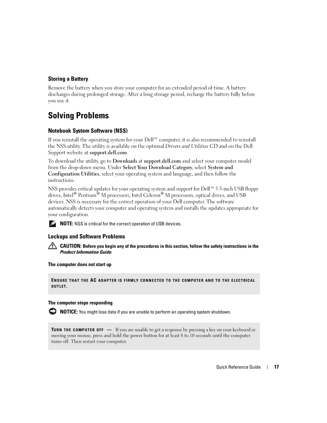 Dell X1 manual Solving Problems, Storing a Battery, Lockups and Software Problems, Computer does not start up 