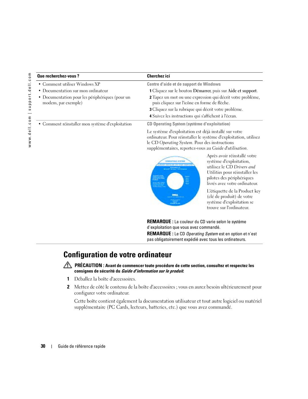 Dell X1 manual Configuration de votre ordinateur, Centre daide et de support de Windows 