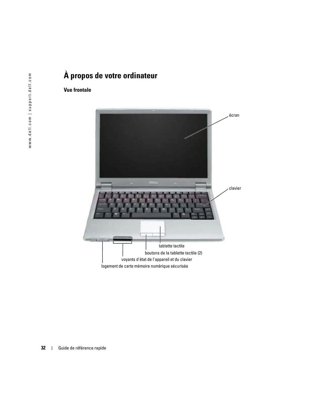 Dell X1 manual Propos de votre ordinateur, Vue frontale, Écran Clavier 