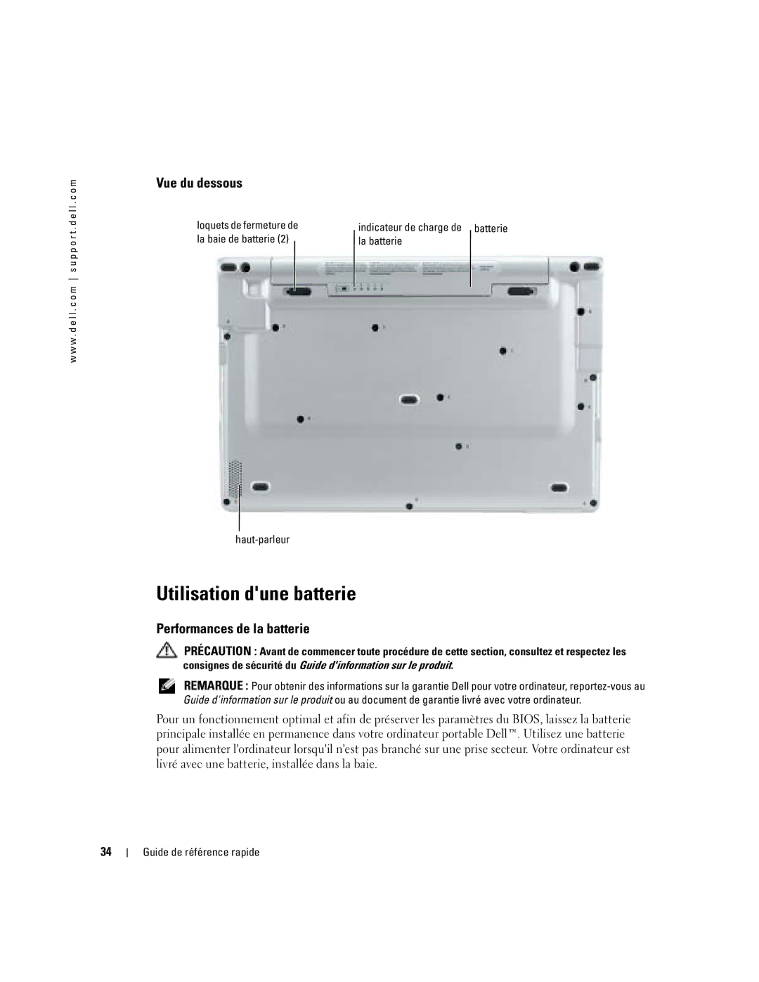 Dell X1 manual Utilisation dune batterie, Vue du dessous, Performances de la batterie, Loquets de fermeture de 