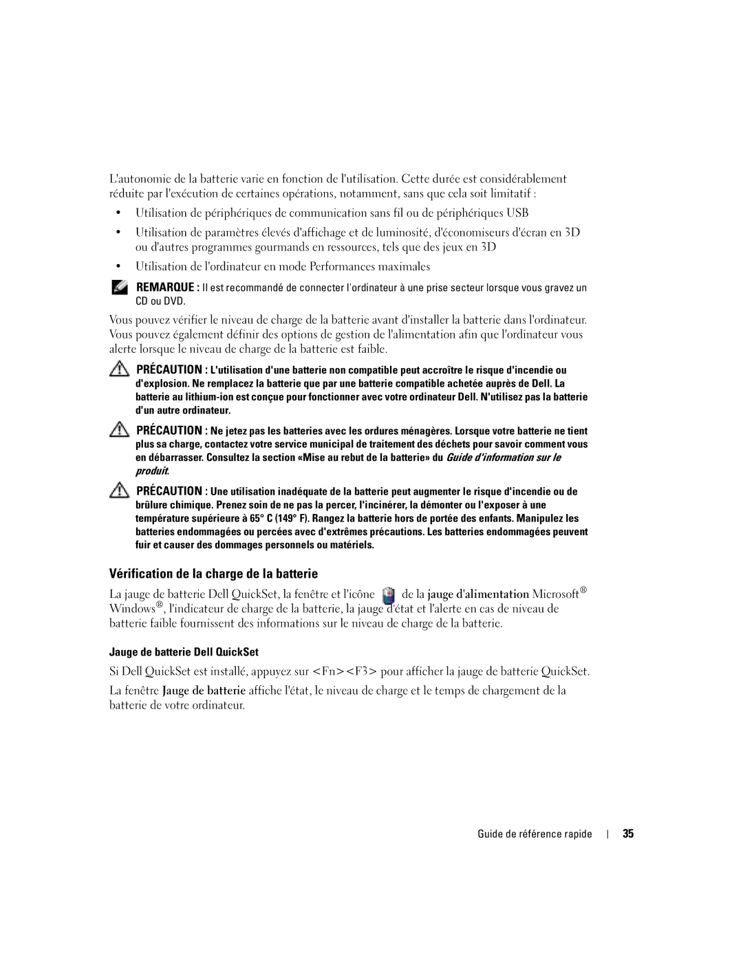 Dell X1 manual Vérification de la charge de la batterie, Jauge de batterie Dell QuickSet 