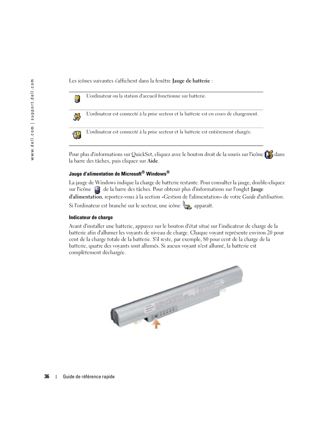 Dell X1 manual Jauge dalimentation de Microsoft Windows, Indicateur de charge 