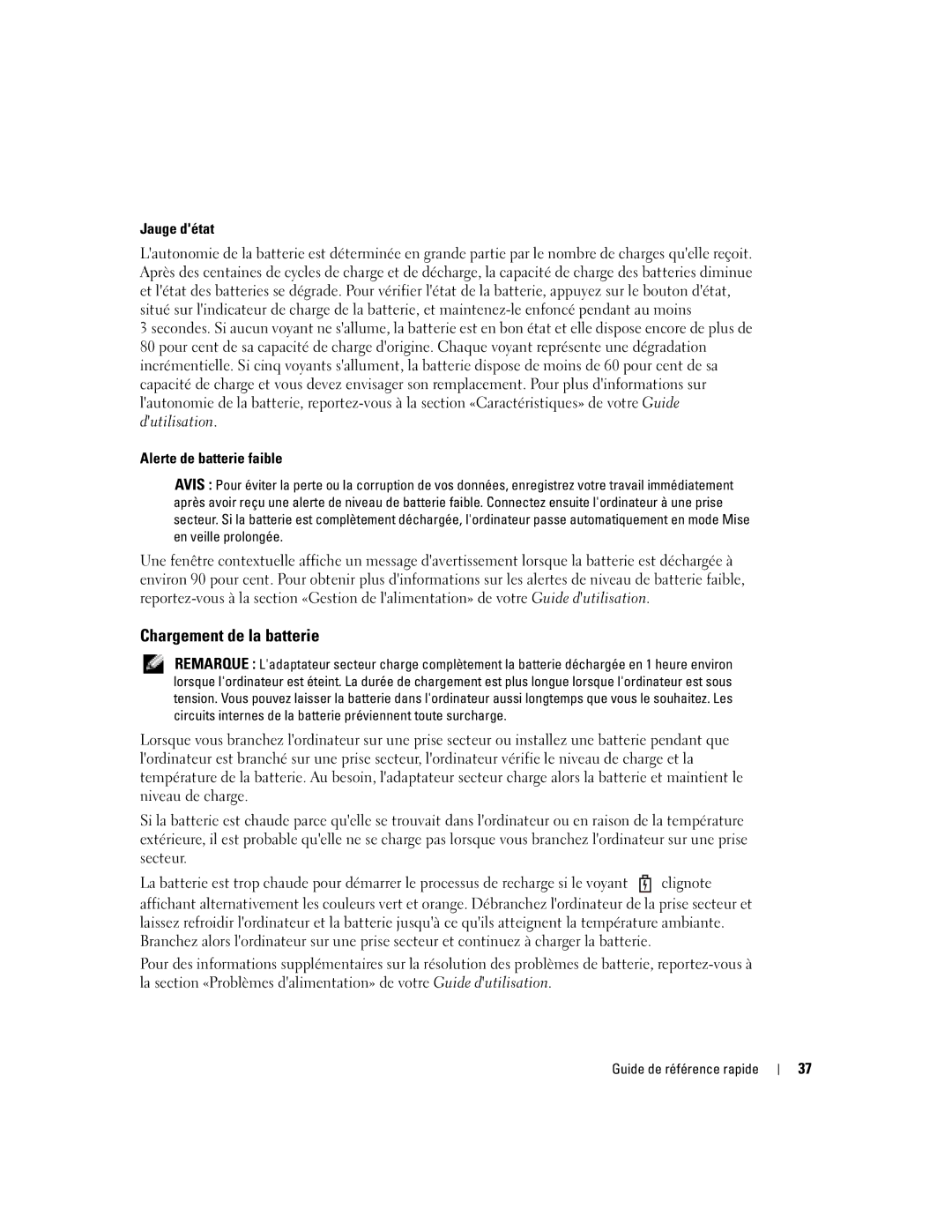 Dell X1 manual Chargement de la batterie, Jauge détat, Alerte de batterie faible 