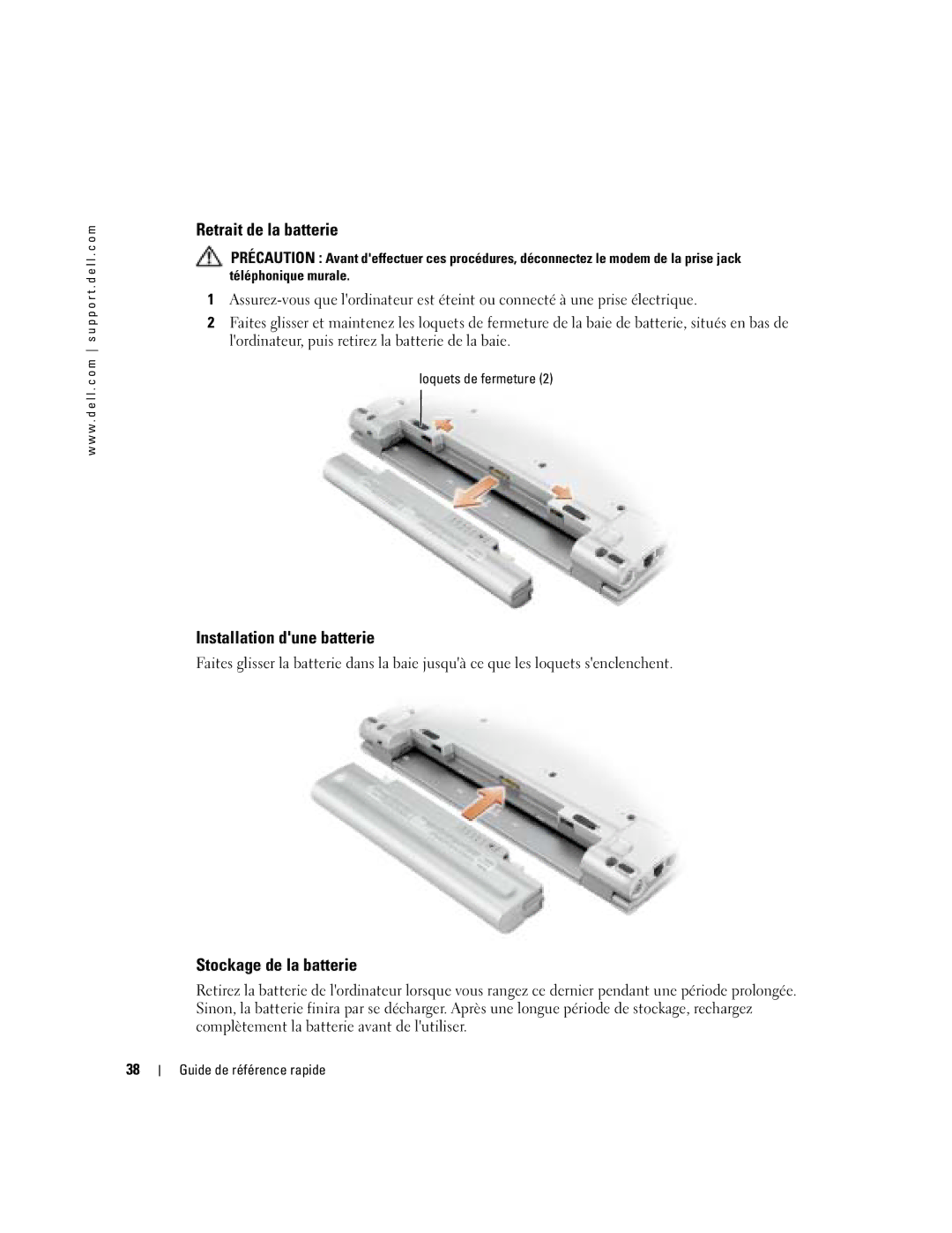 Dell X1 manual Retrait de la batterie, Installation dune batterie, Stockage de la batterie, Loquets de fermeture 