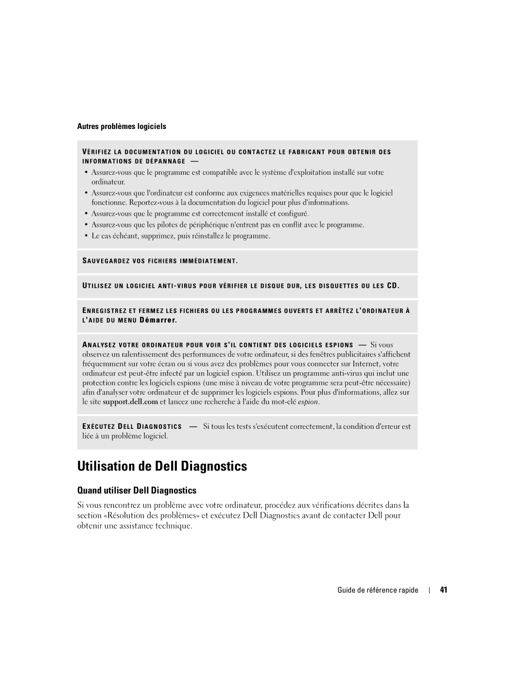 Dell X1 manual Utilisation de Dell Diagnostics, Quand utiliser Dell Diagnostics, Autres problèmes logiciels 