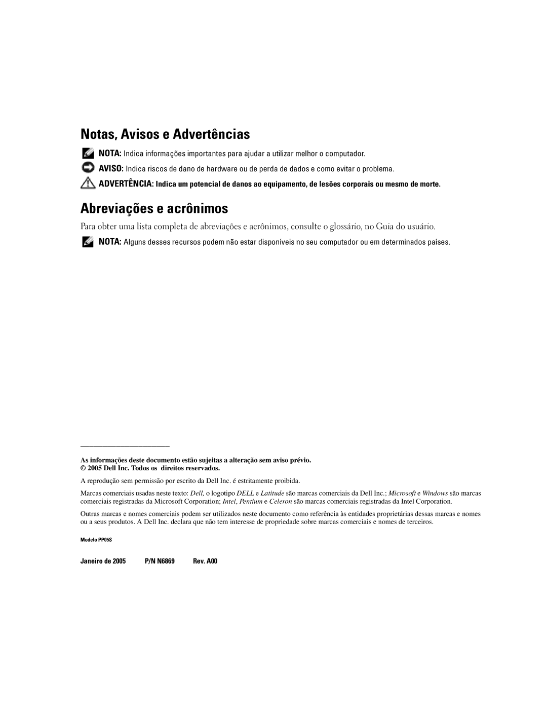 Dell X1 manual Notas, Avisos e Advertências, Abreviações e acrônimos 