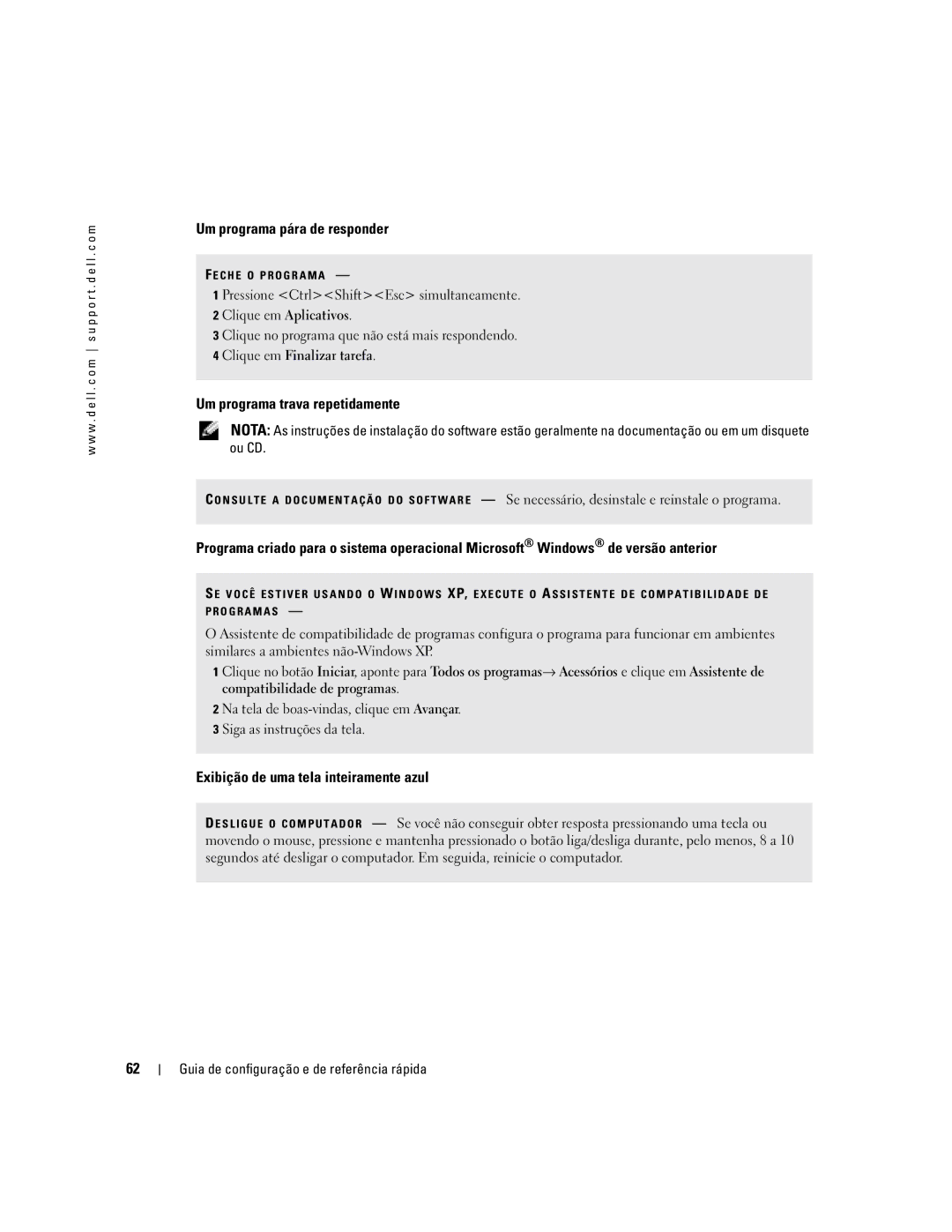 Dell X1 manual Um programa pára de responder, Um programa trava repetidamente, Exibição de uma tela inteiramente azul 