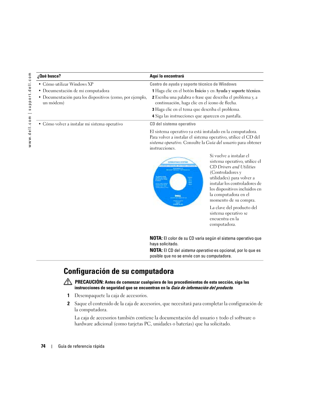 Dell X1 manual Configuración de su computadora, Centro de ayuda y soporte técnico de Windows, CD del sistema operativo 