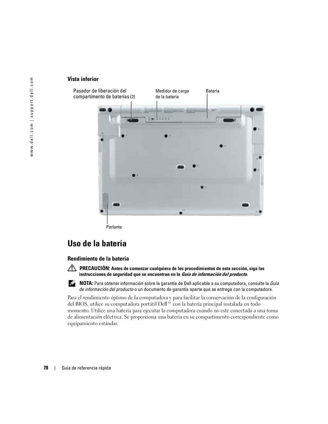 Dell X1 manual Uso de la batería, Rendimiento de la batería, Pasador de liberación del, Compartimento de baterías 