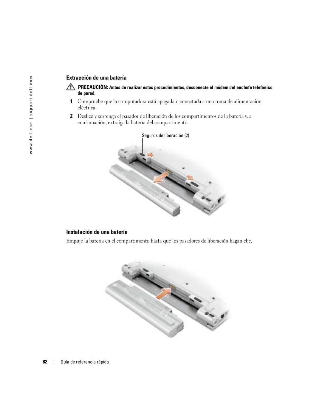 Dell X1 manual Extracción de una batería, Instalación de una batería, Seguros de liberación 