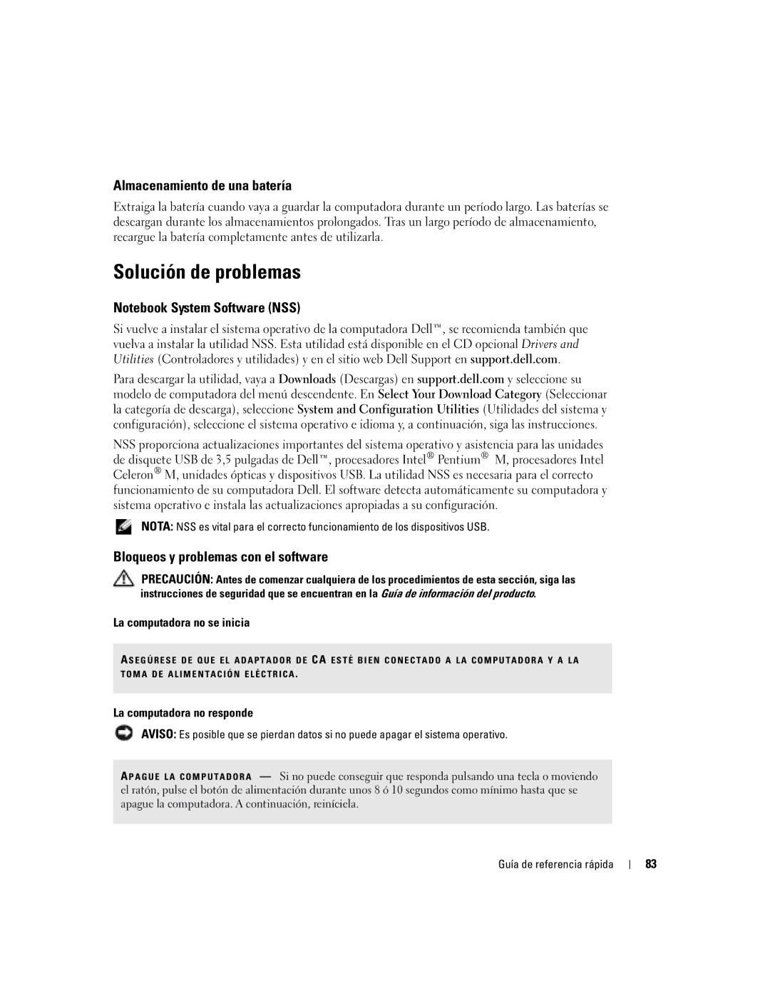 Dell X1 manual Solución de problemas, Almacenamiento de una batería, Bloqueos y problemas con el software 