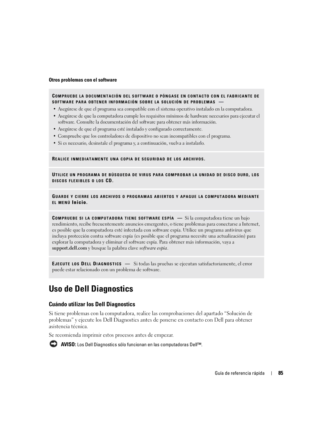 Dell X1 manual Uso de Dell Diagnostics, Cuándo utilizar los Dell Diagnostics, Otros problemas con el software 