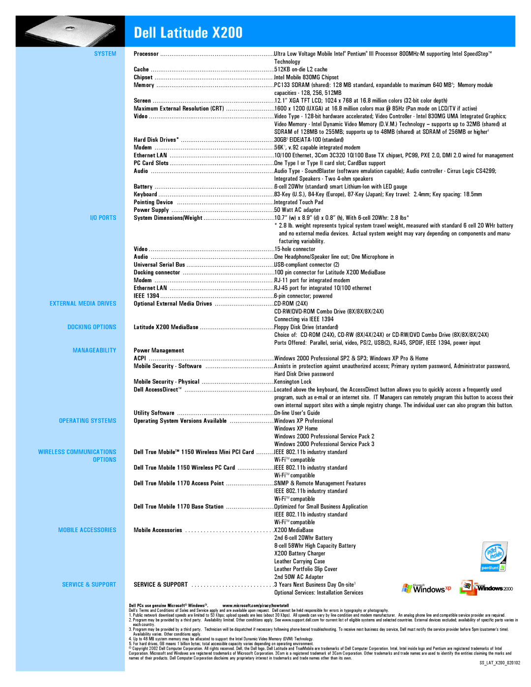 Dell X200 manual Ports, Docking Options, Manageability, Operating Systems, Mobile Accessories, Service & Support 