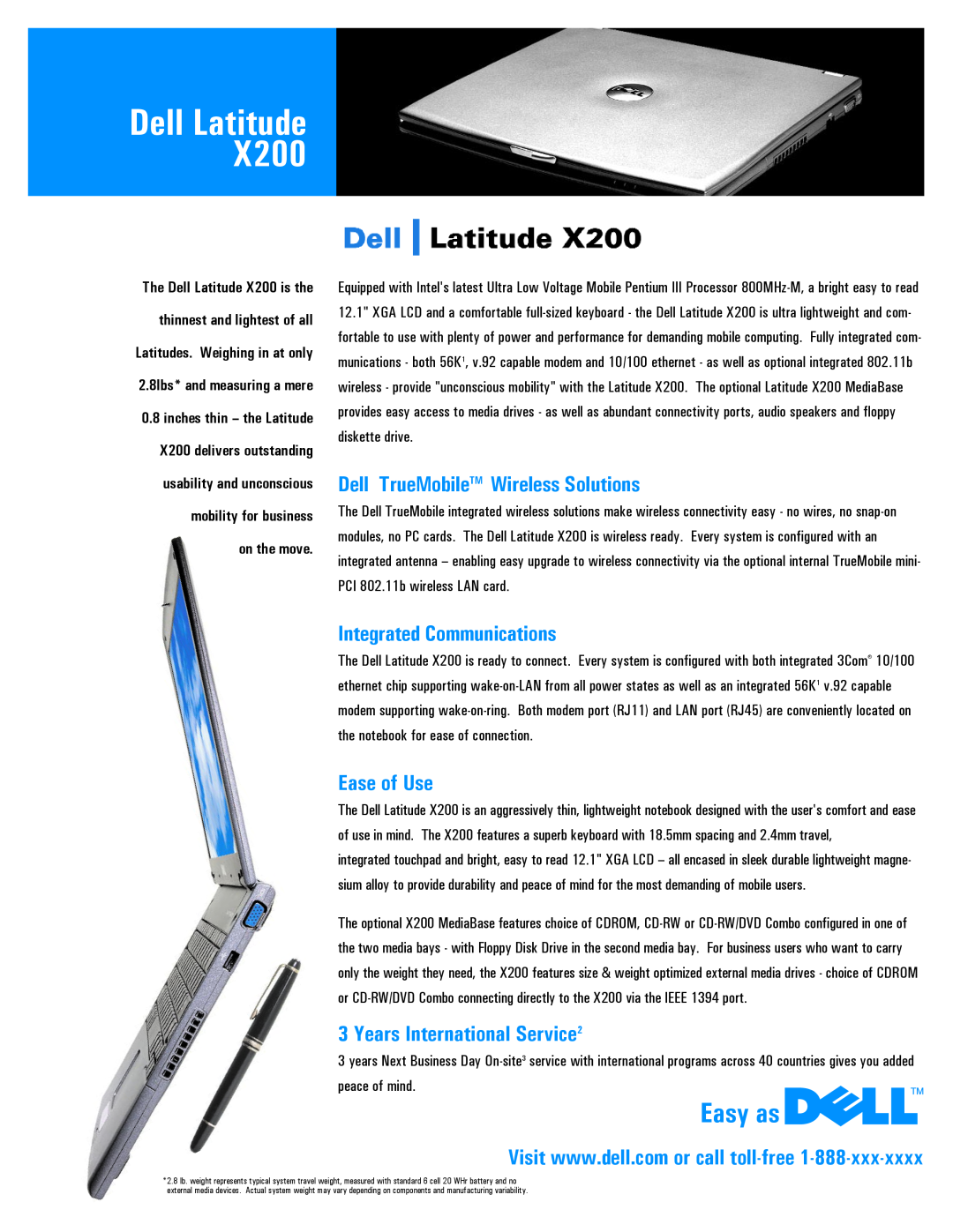 Dell X200 manual Dell Latitude, Easy as, Dell TrueMobileTM Wireless Solutions, Integrated Communications, Ease of Use 