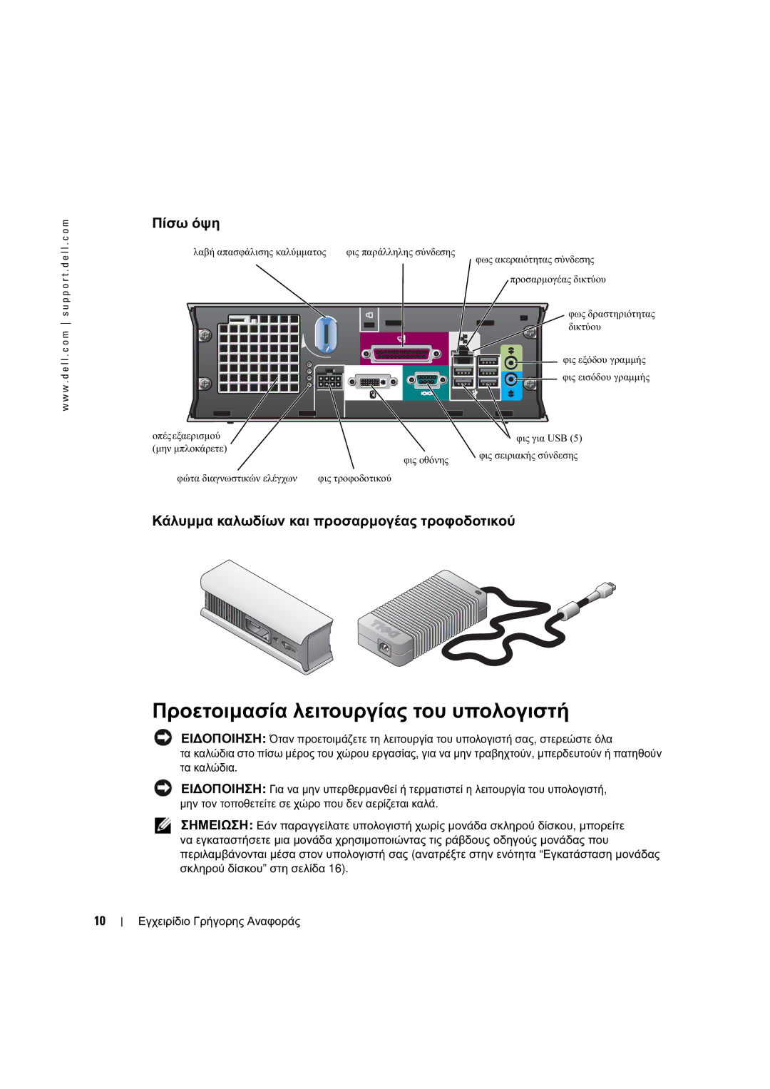 Dell X2956 manual Προετοιµασία λειτουργίας του υπολογιστή, Πίσω όψη, Κάλυµµα καλωδίων και προσαρµογέας τροφοδοτικού 