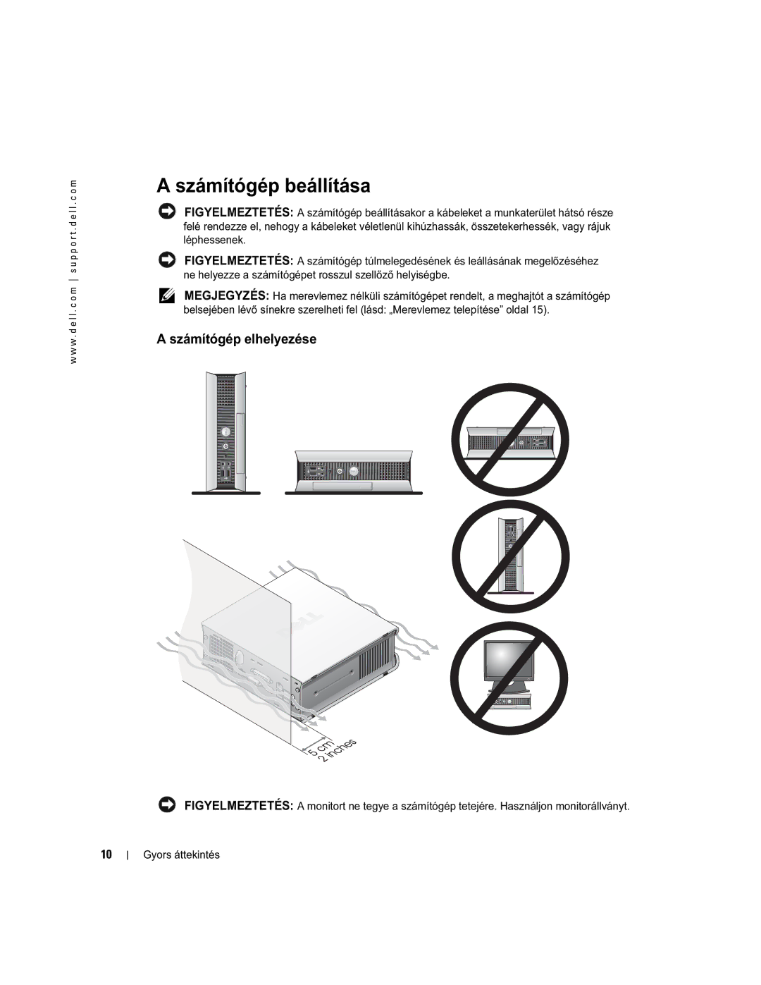 Dell X2956 manual Számítógép beállítása, Számítógép elhelyezése 