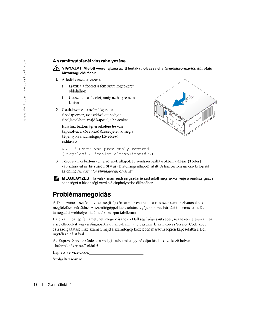 Dell X2956 manual Problémamegoldás, Számítógépfedél visszahelyezése 