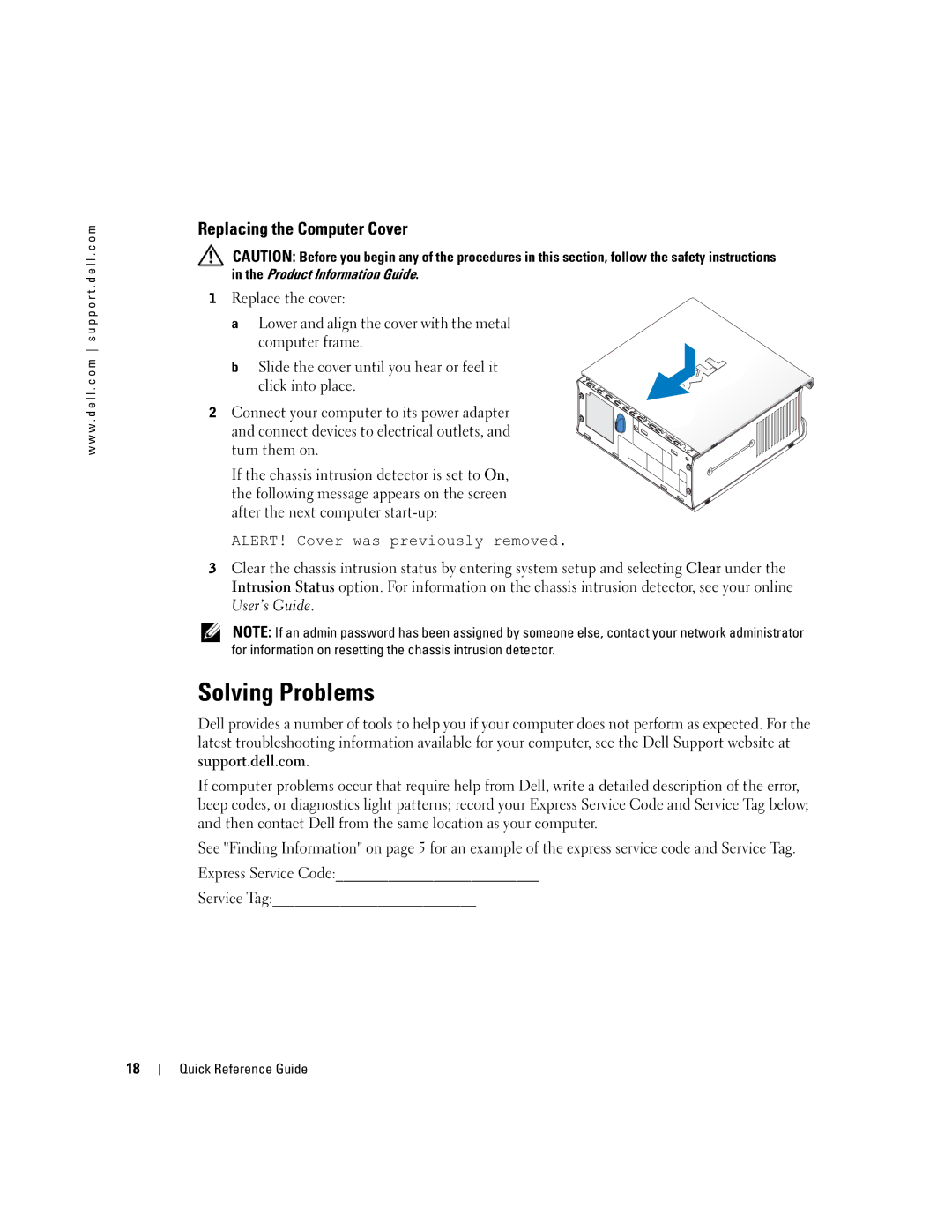 Dell X2956 manual Solving Problems, Replacing the Computer Cover, User’s Guide 