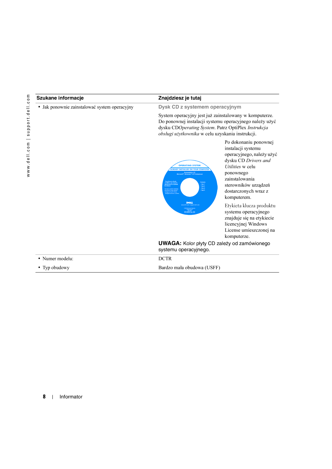 Dell X2956 manual Dysk CD z systemem operacyjnym, Etykieta klucza produktu 