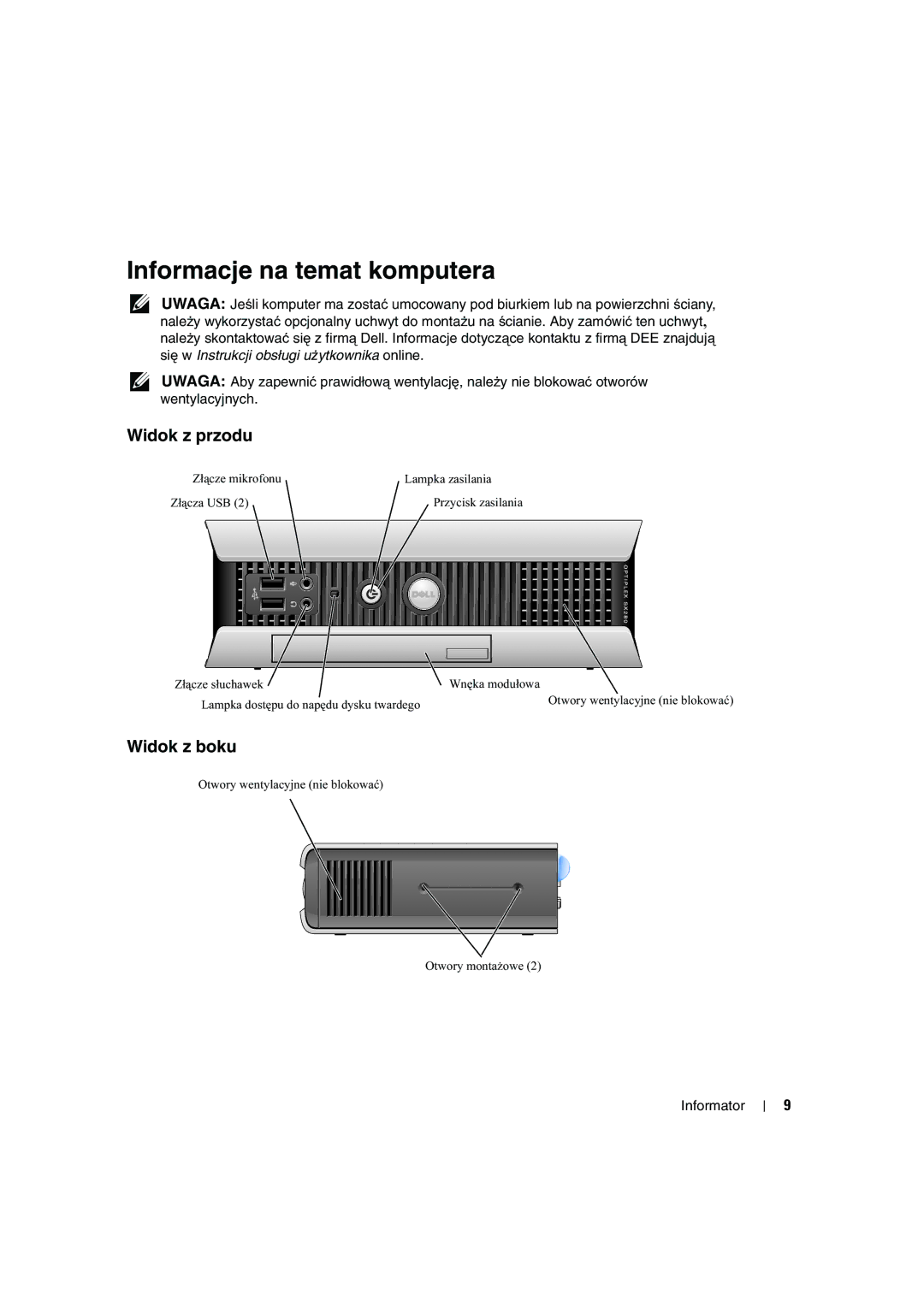 Dell X2956 manual Widok z przodu, Widok z boku 