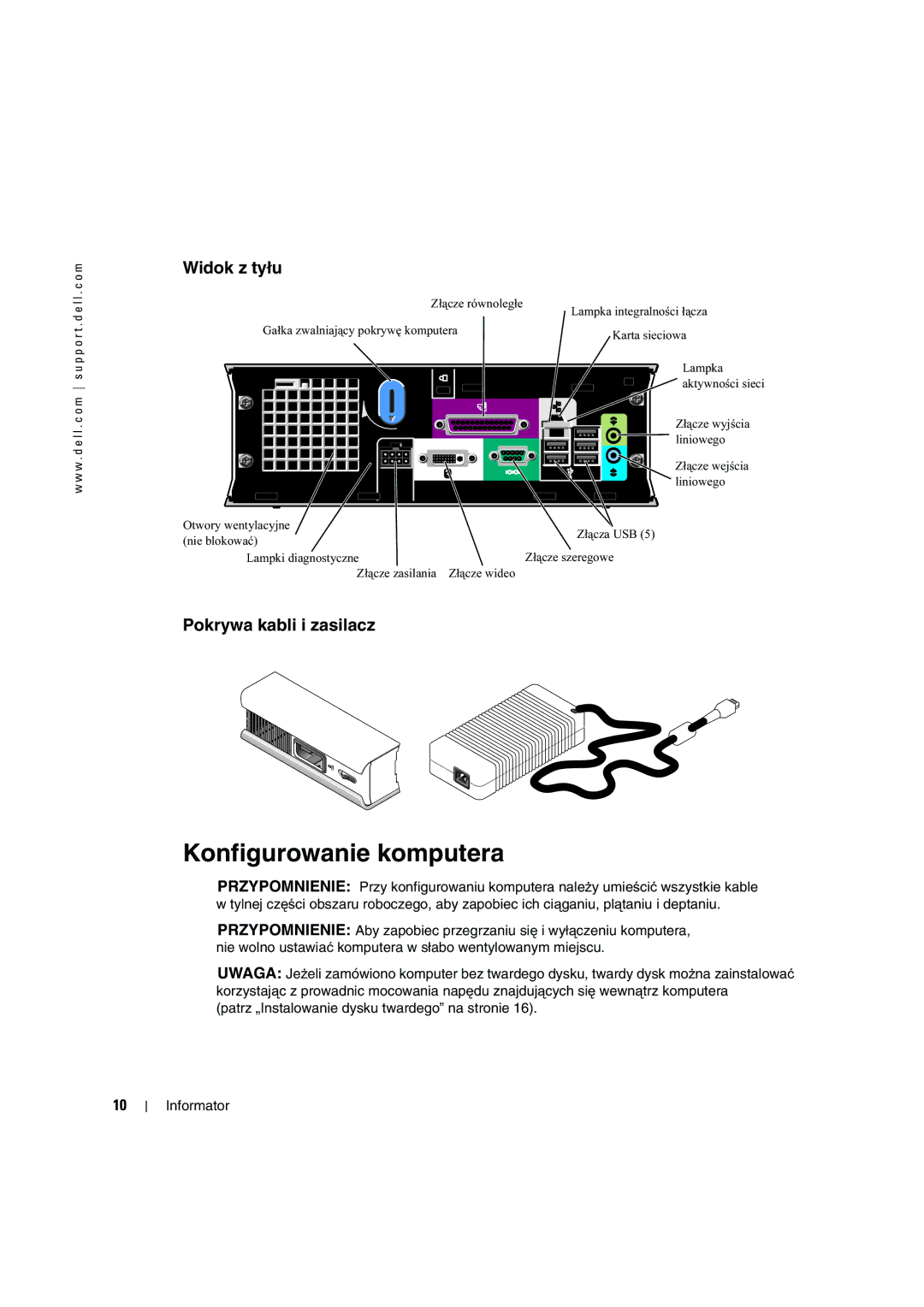 Dell X2956 manual Widok z tyłu, Pokrywa kabli i zasilacz 