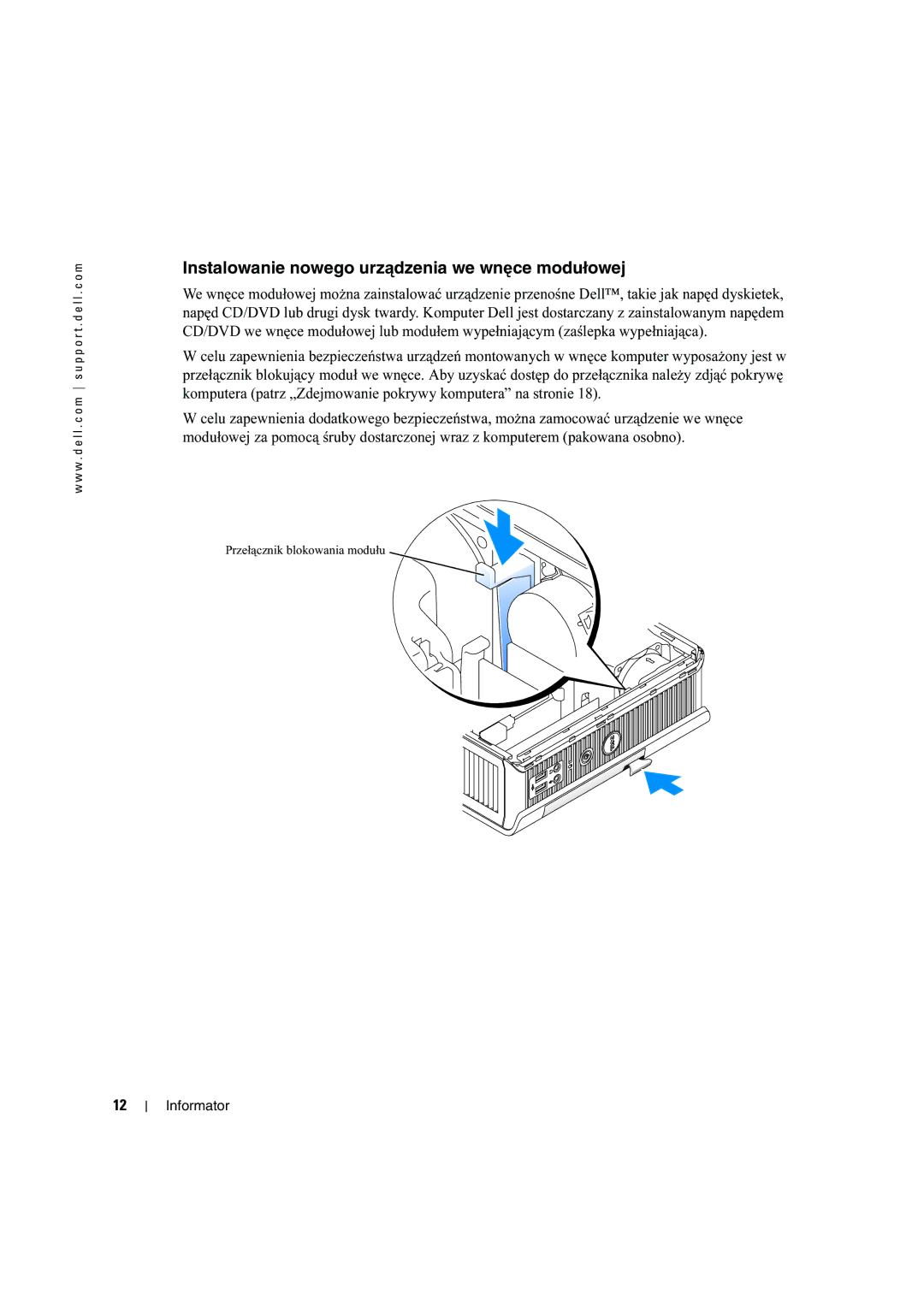 Dell X2956 manual Instalowanie nowego urządzenia we wnęce modułowej 