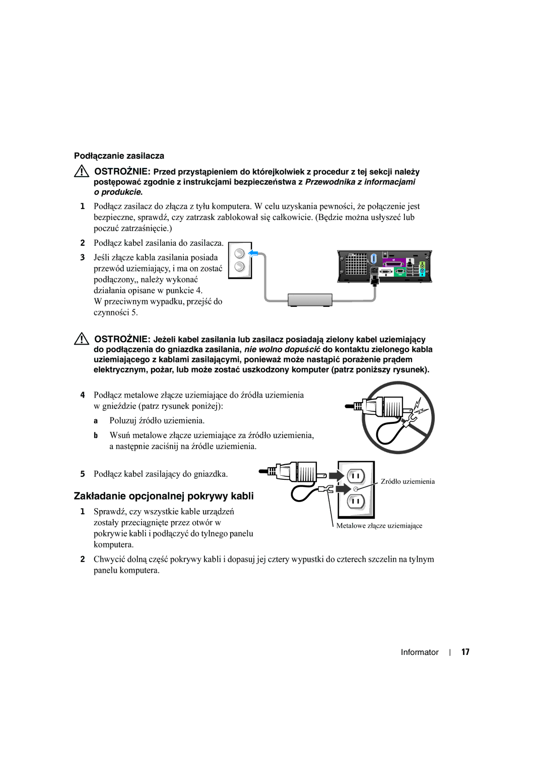 Dell X2956 manual Zakładanie opcjonalnej pokrywy kabli, Podłączanie zasilacza 