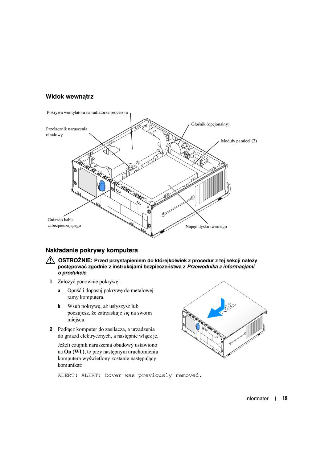 Dell X2956 manual Widok wewnątrz, Nakładanie pokrywy komputera 