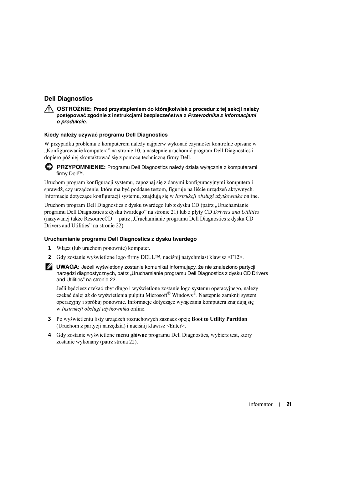 Dell X2956 manual Kiedy należy używać programu Dell Diagnostics 