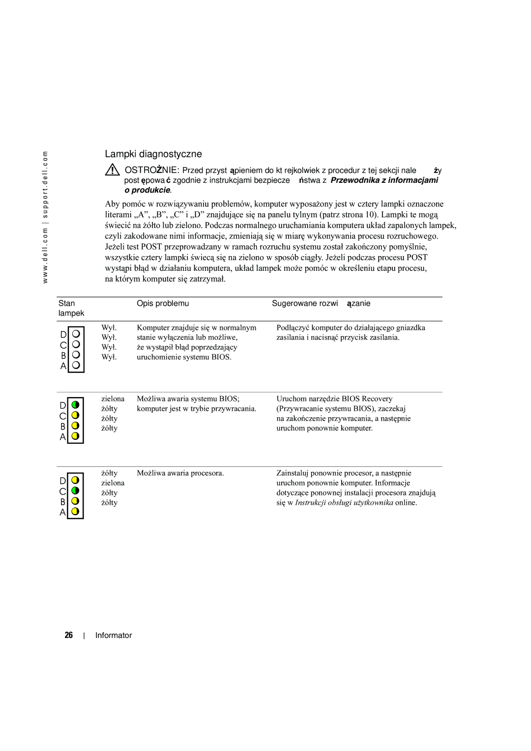 Dell X2956 manual Lampki diagnostyczne, Się w Instrukcji obsługi użytkownika online 