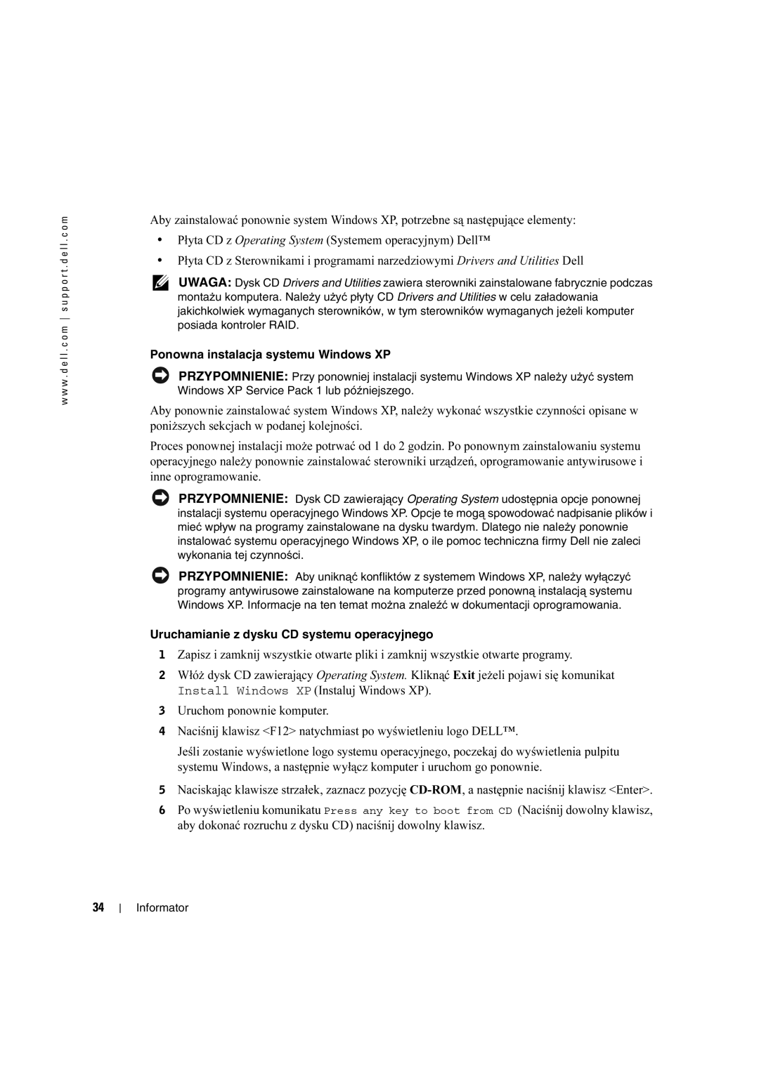 Dell X2956 manual Ponowna instalacja systemu Windows XP 